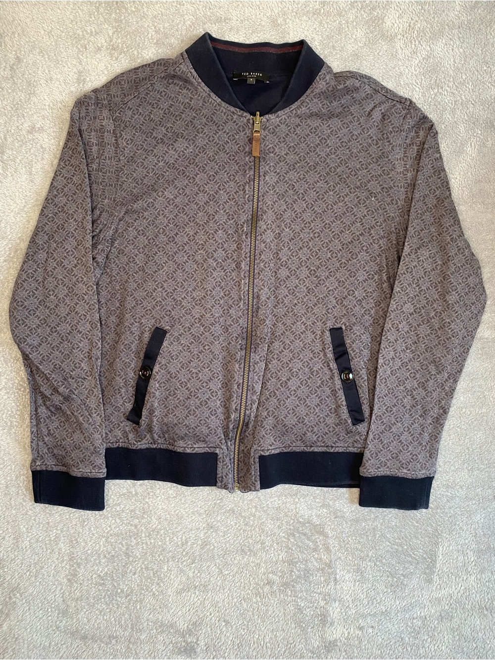 Ted Baker Reversible Gray Navy Bomber Jacket 7 Full Zip Cotton Prep Quiet Luxury